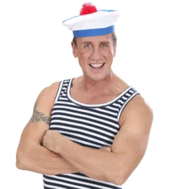 Beret De Marin Blanc Avec Pompon Rouge - Viva La Fiesta -Déguisement boutique 3349 Beret de marin blanc avec pompon rouge